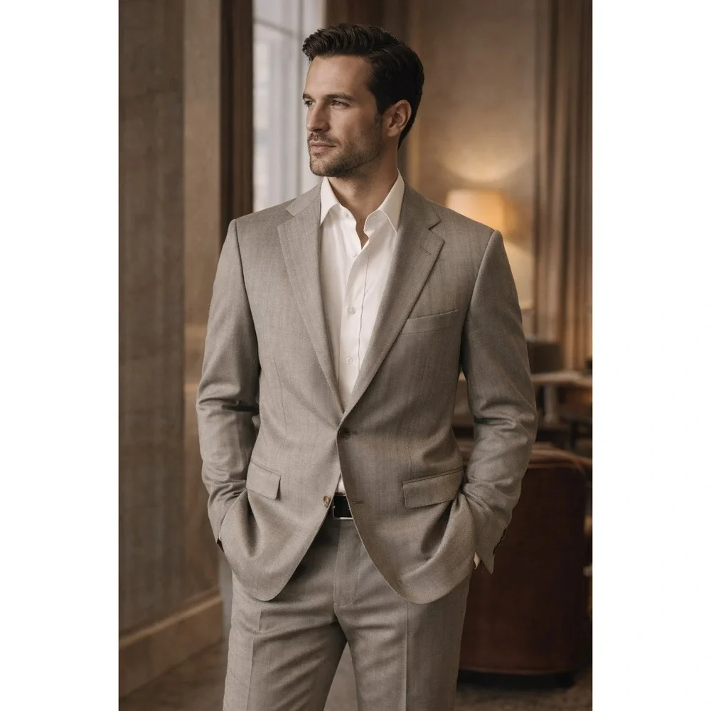 ERMENEGILDO ZEGNA Trofeo Silk Herringbone Blazer Beige Men 42L SWITZERLAND‎